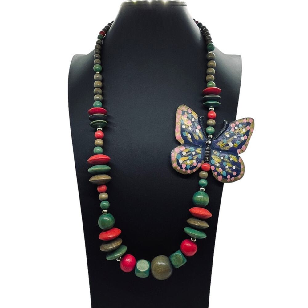Butterfly Necklace Women's Wooden 80s Statement Retro Chic Green Red Blue Beads